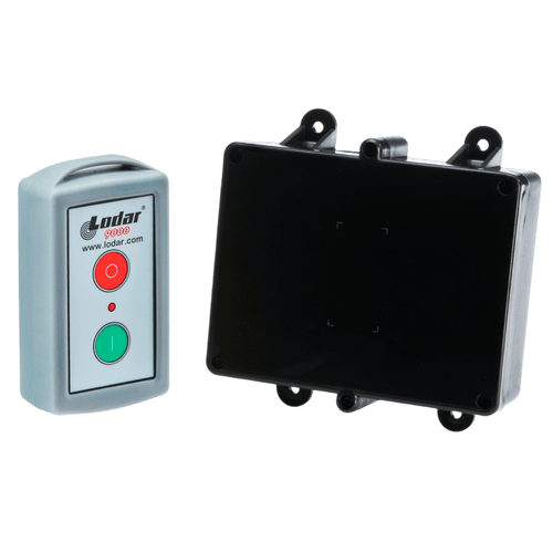 The Lodar LTD 1 Function Standard Wireless Control System (90 Series) features a relay receiver and a remote with red and green buttons for on/off control, operating a black electronic box with a 5 amp relay.