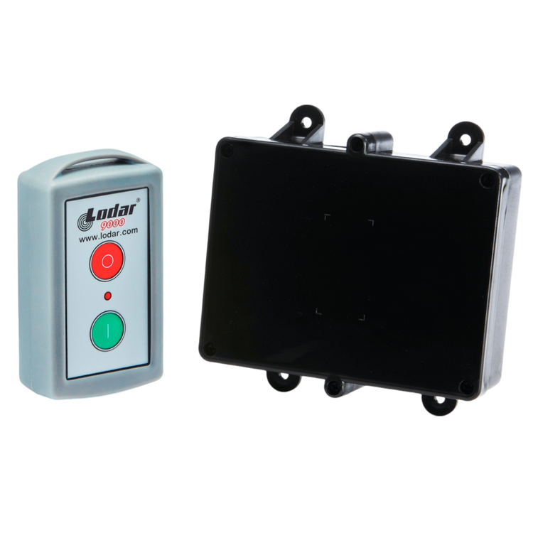 Introducing the 1 Function Standard Wireless Actuator Control System by Lodar LTD, part of the 90 Series. This system includes a sophisticated relay receiver unit in black and features a sleek remote control with two buttons for on/off functions.
