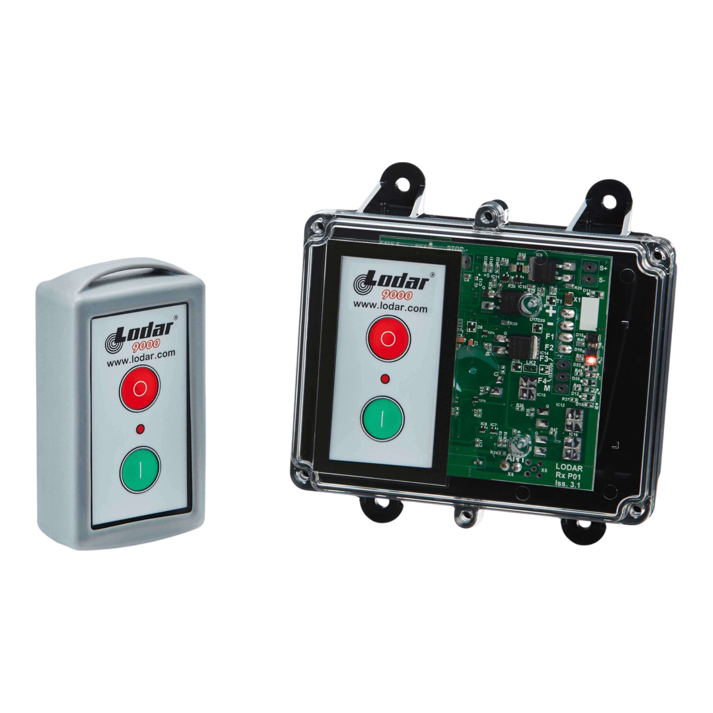 The 1 Function Standard Wireless Control System | 92 Series | FET Keypad Receiver by Lodar LTD is a remote control with a waterproof receiving unit, featuring green and red buttons, perfect for industrial environments.