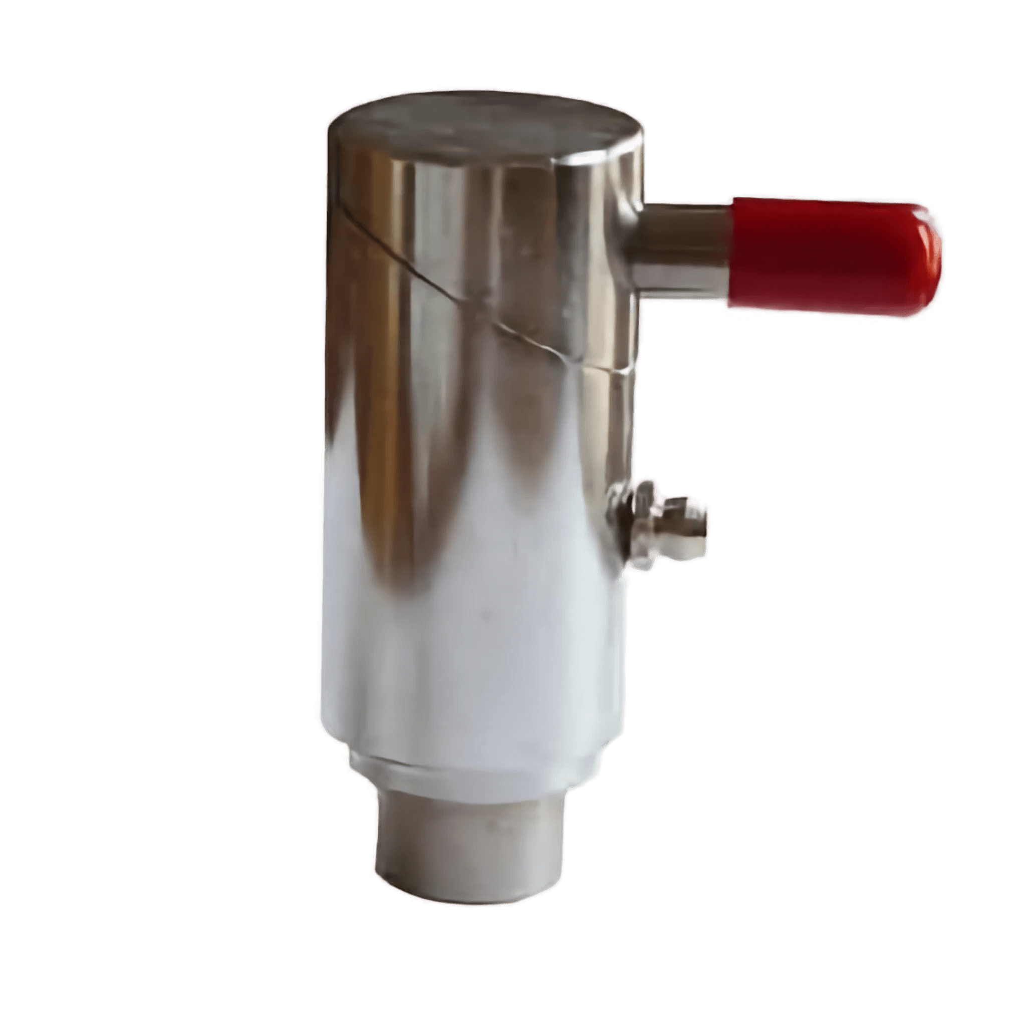 The PIERCE 1 Twist Lock Plunger Latch is a metallic valve with a cylindrical body, featuring a red lever handle and an integrated self-locking mechanism.