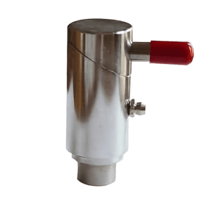 The PIERCE 1 Twist Lock Plunger Latch is a metallic valve with a cylindrical body, featuring a red lever handle and an integrated self-locking mechanism.