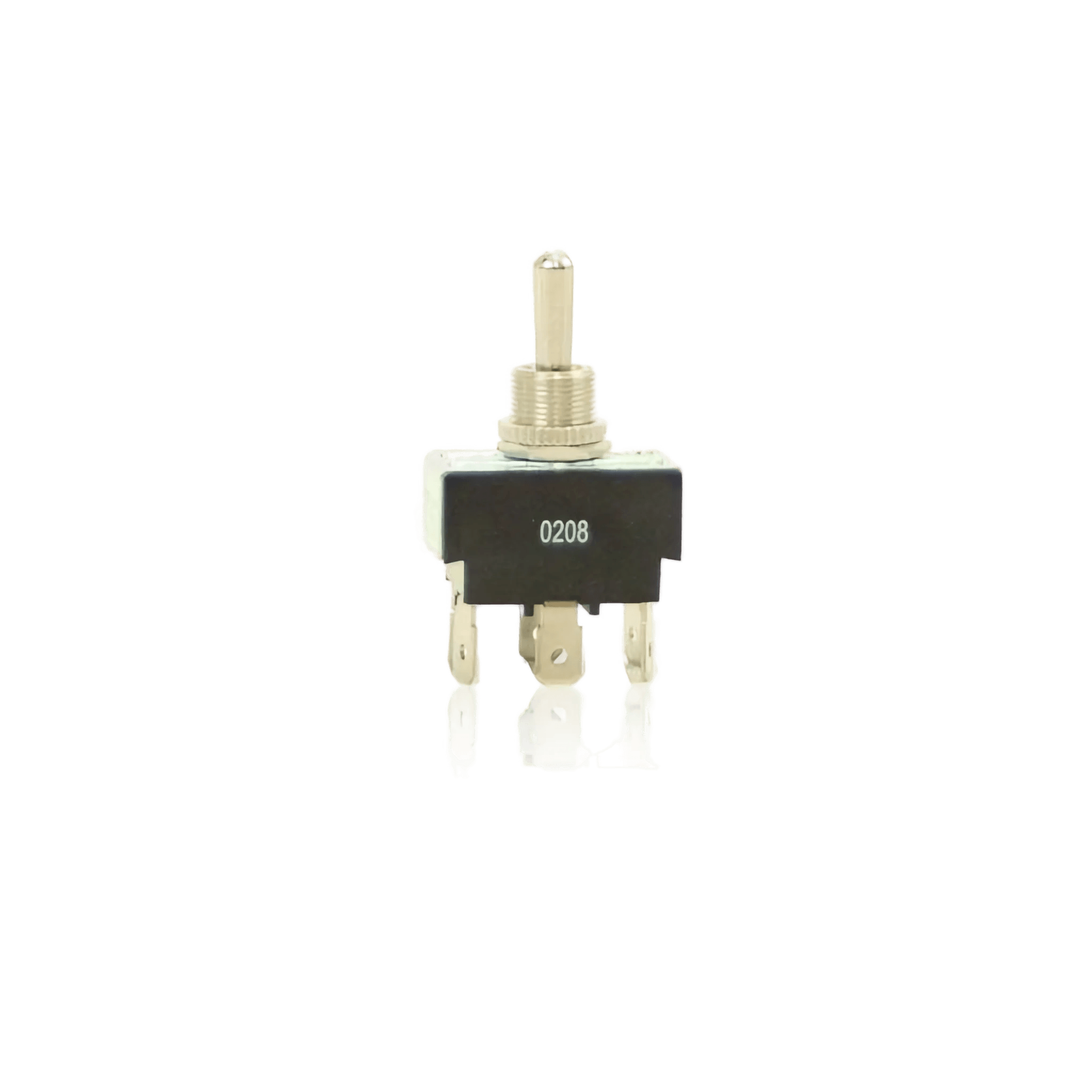 The PIERCE 2-Way 6 Pin Push-on Momentary Toggle Switch features a metallic lever, three terminals labeled 0208, and functions as a basic remote control switch with versatile connectivity options.