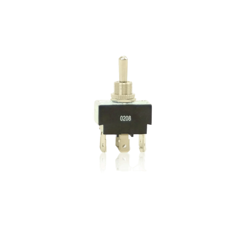A PIERCE 2-Way 6 Pin Push-on Momentary Toggle Switch with three terminals and “0208” printed on its black metal casing.