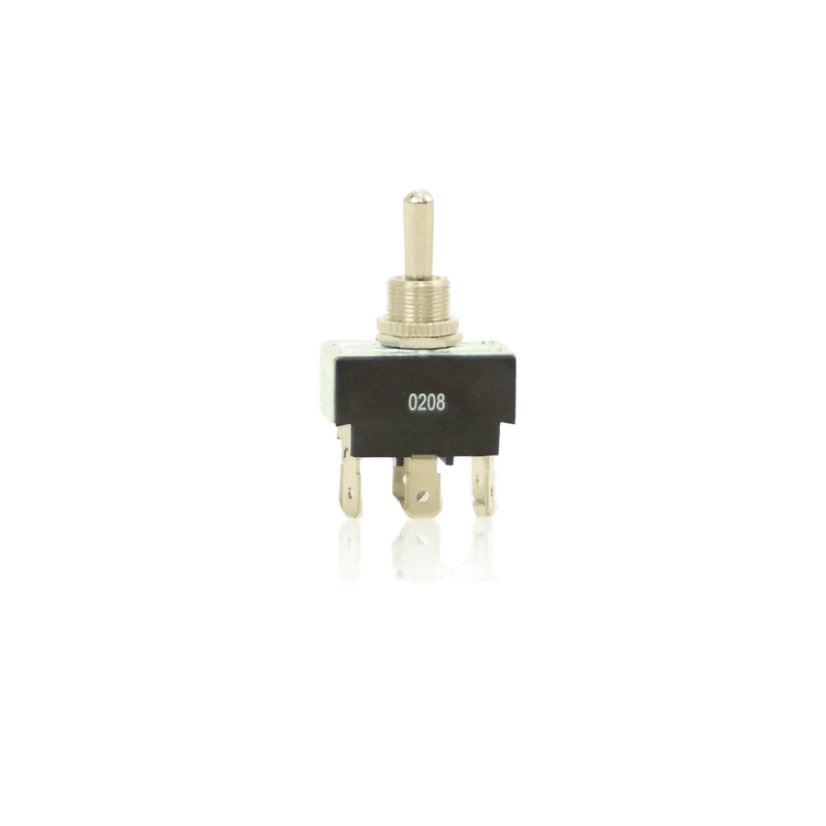 The PIERCE 2-Way 6 Pin Push-on Momentary Toggle Switch features a metallic lever, three terminals labeled 0208, and functions as a basic remote control switch with versatile connectivity options.
