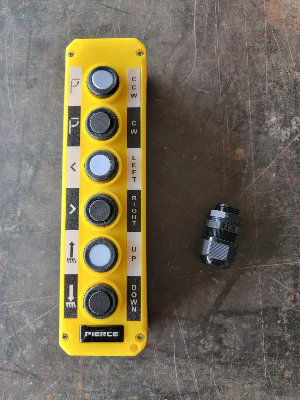 The Asetek Enterprise Company LTD Universal Momentary Pendant Control - 6 Button features six labeled buttons and a separate black connector, making it an ideal replacement pendant for hydraulic power units.