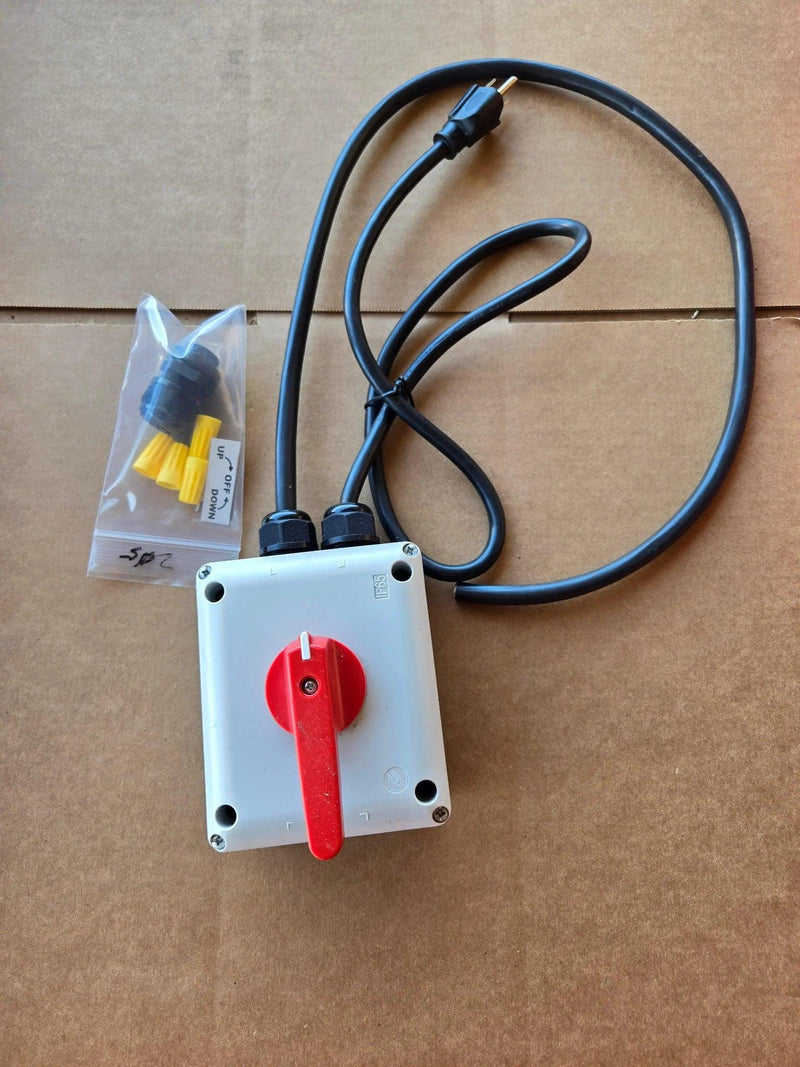 The PIERCE Wired Control for 110V 654 Series Single Phase Winch features a red handle, black cable, and sealed wire connectors in an IP65 thermoplastic enclosure for reliable motor control.