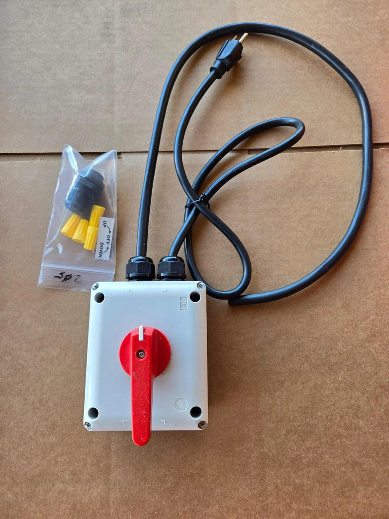 The PIERCE Wired Control for 110V 654 Series Single Phase Winch features a red handle, black power cord, yellow wire connectors, and an IP65 thermoplastic enclosure for reliable motor control.