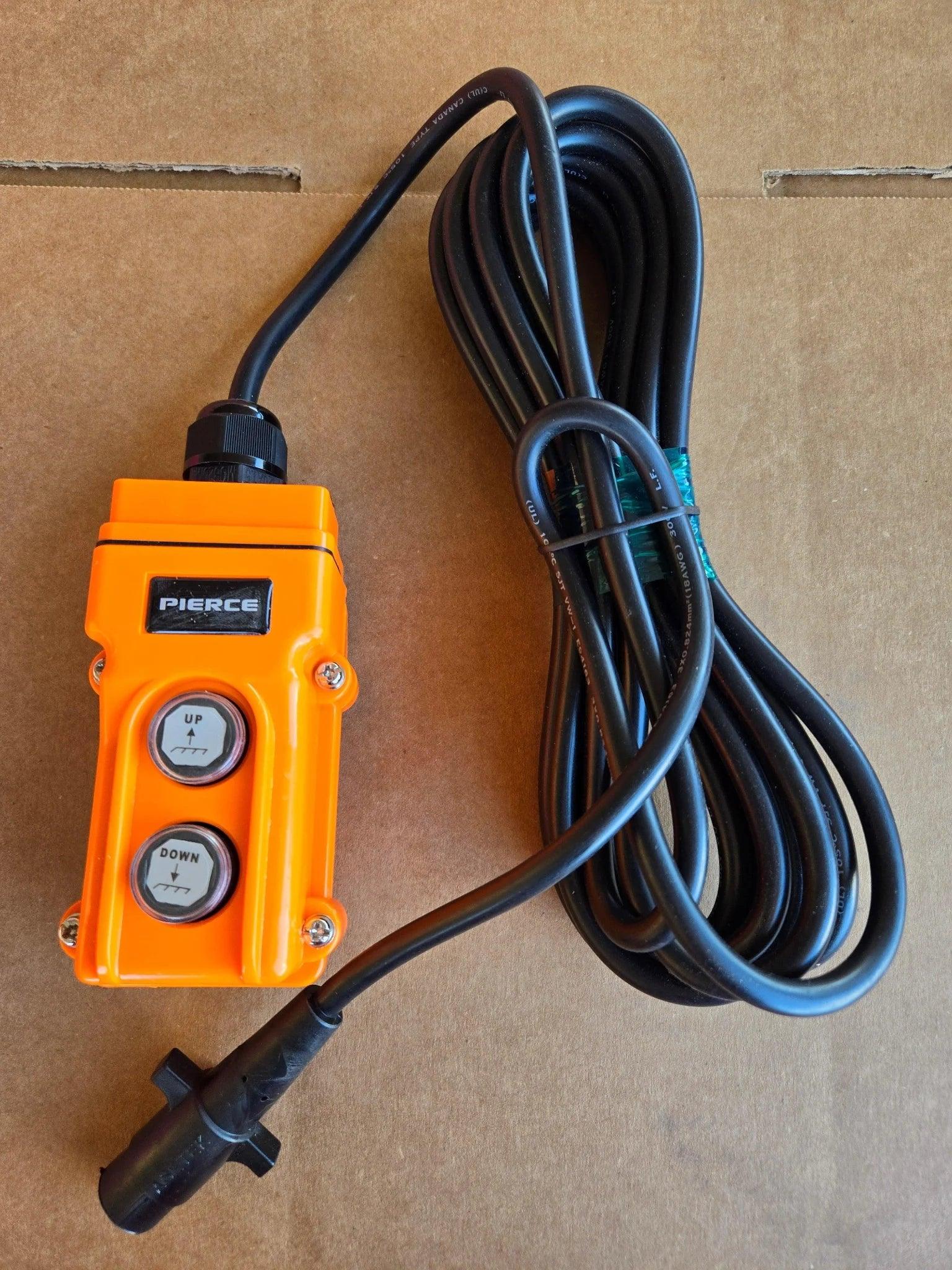 Asetek Enterprise's PIERCE 2 function momentary hard-wired control pendant features UP/DOWN buttons, a 15 ft. cord with a 4-prong vulcanized plug—ideal for wormgear winches and similar applications.