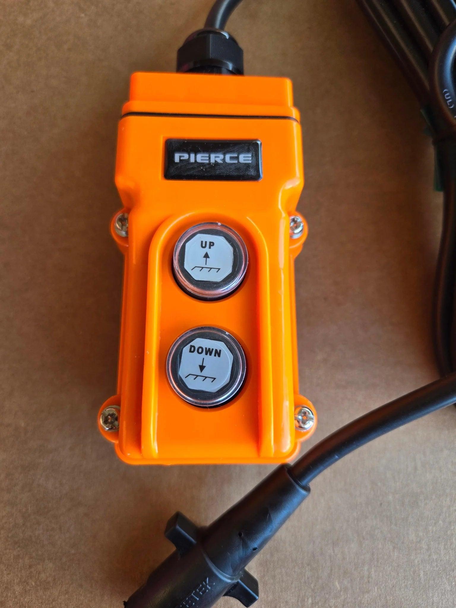 The Asetek Enterprise PIERCE 2-function momentary hard-wired control pendant features a 15 ft. cord, 4-prong vulcanized plug, and two arrow-labeled buttons for UP and DOWN—ideal for operating wormgear winches.