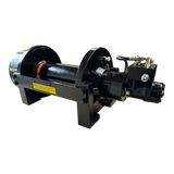 The PIERCE 20,000 lb Hydraulic Recovery Winch with Long Drum and Manual Clutch features a robust metal frame, perfect for heavy-duty recovery tasks.