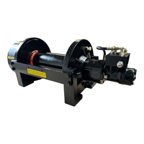 The PIERCE 20,000 lb Hydraulic Recovery Winch with Long Drum and Manual Clutch features a robust metal frame, perfect for heavy-duty recovery tasks.