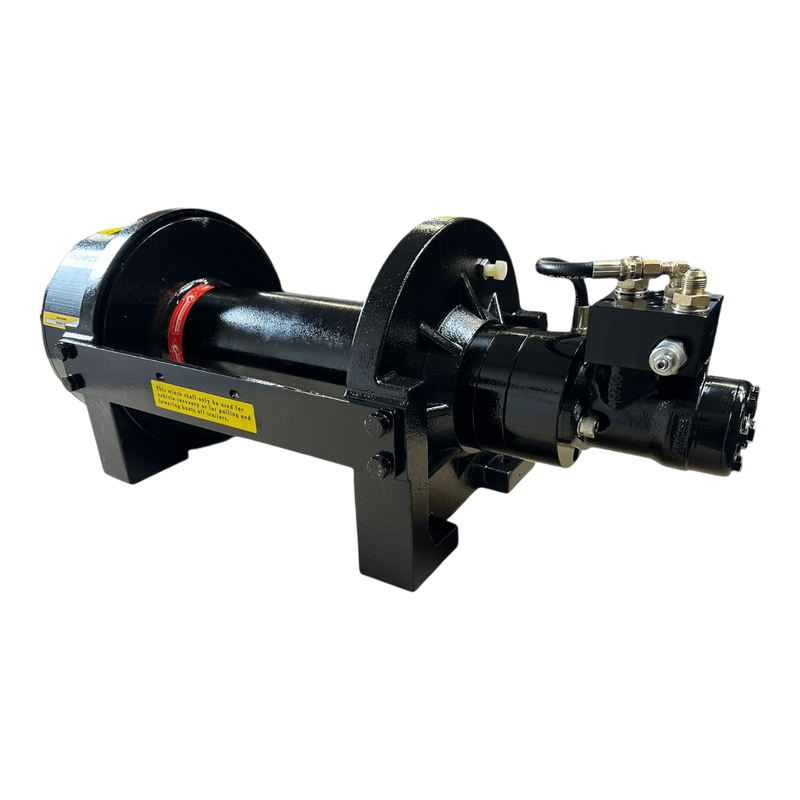 The PIERCE 20,000 lb Hydraulic Recovery Winch with Long Drum and Manual Clutch features a robust metal frame, perfect for heavy-duty recovery tasks.