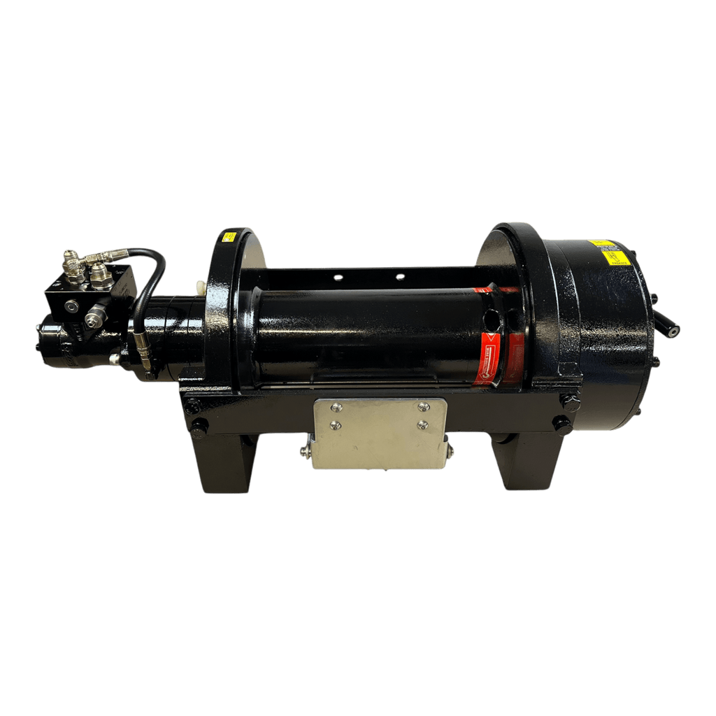 The PIERCE 20,000 lb Hydraulic Recovery Winch with a long drum and manual clutch features metal fittings and connectors on a sturdy base—ideal for heavy-duty recovery tasks.