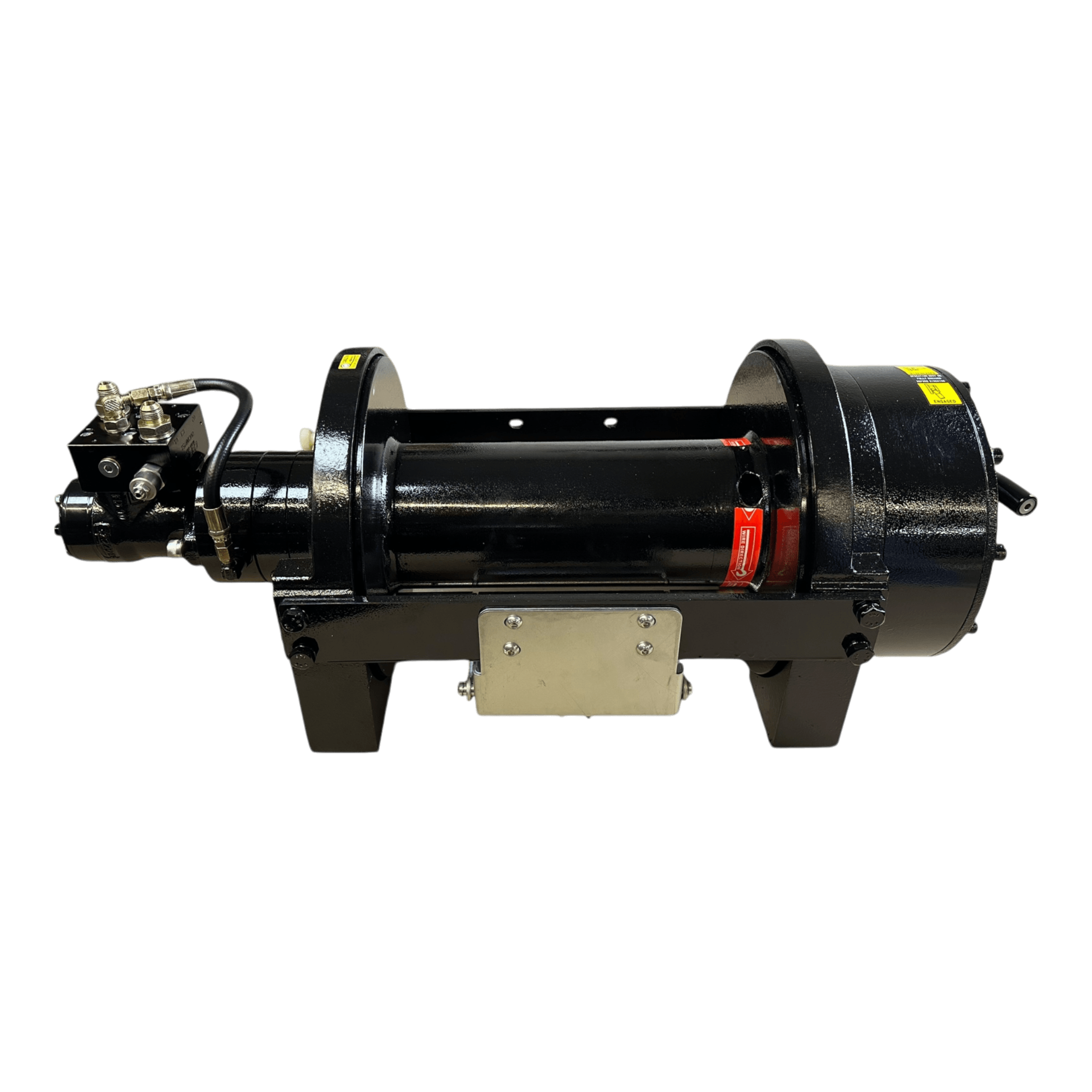 The PIERCE 20,000 lb Hydraulic Recovery Winch with a long drum and manual clutch features metal fittings and connectors on a sturdy base—ideal for heavy-duty recovery tasks.