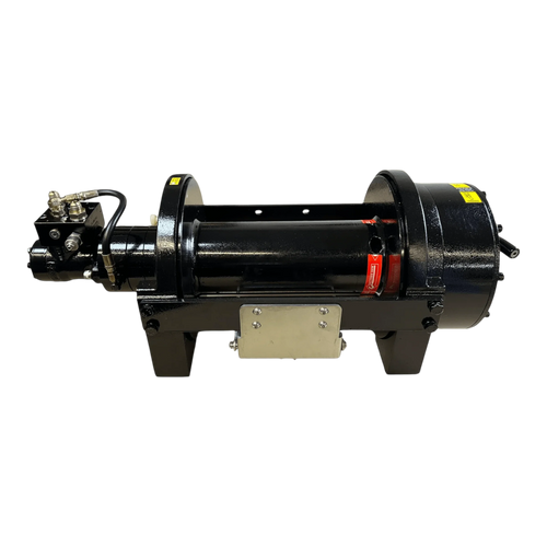 The PIERCE 20,000 lb Hydraulic Recovery Winch with a long drum and manual clutch features metal fittings and connectors on a sturdy base—ideal for heavy-duty recovery tasks.