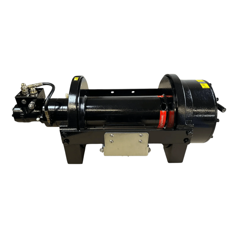 The PIERCE 20,000 lb Hydraulic Recovery Winch with a long drum and manual clutch features metal fittings and connectors on a sturdy base—ideal for heavy-duty recovery tasks.