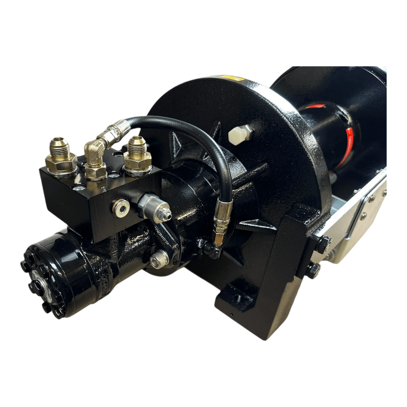 Close-up of the Internal - Pierce Assembly Team 20,000 lb Hydraulic Recovery Winch with long drum and manual clutch, shown with hoses and metal fittings, isolated on a white background.
