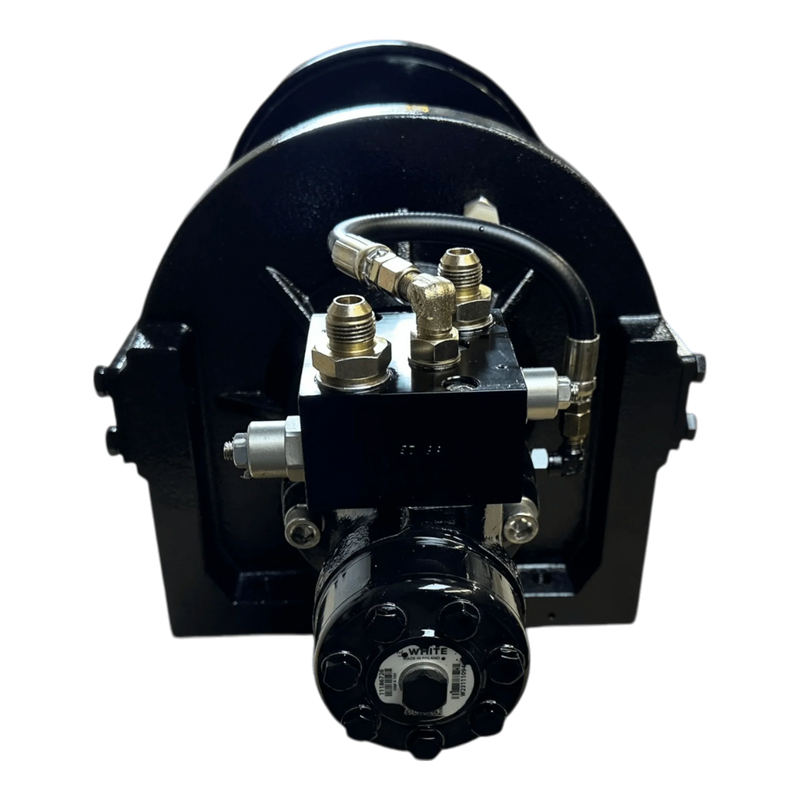 The Internal - Pierce Assembly Team 20,000 lb Hydraulic Recovery Winch with a long drum and manual clutch features durable metal hoses and fittings, shown from the front against a white background.
