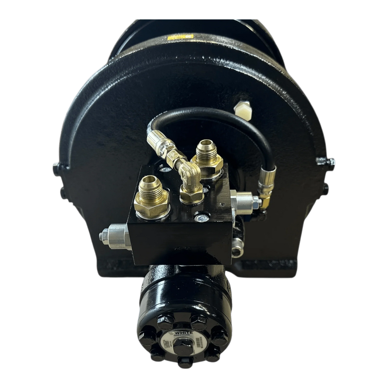 The Internal - Pierce Assembly Team 20,000 lb Hydraulic Recovery Winch (Long Drum) features a manual clutch. Shown from the front with metal fittings and hoses, this black winch is built for heavy-duty recovery tasks against a white background.