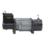 The PIERCE 20,000 lb Recovery Winch is a heavy-duty 12V winch featuring a coiled steel cable and lever, with the brand name displayed on the motor housing.