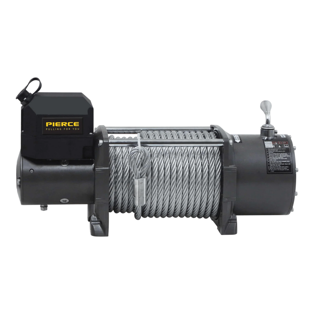 The PIERCE 20,000 lb Recovery Winch is a heavy-duty 12V winch featuring a coiled steel cable and lever, with the brand name displayed on the motor housing.