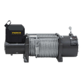 The PIERCE 20,000 lb Recovery Winch is a heavy-duty 12V winch featuring a coiled steel cable and lever, with the brand name displayed on the motor housing.
