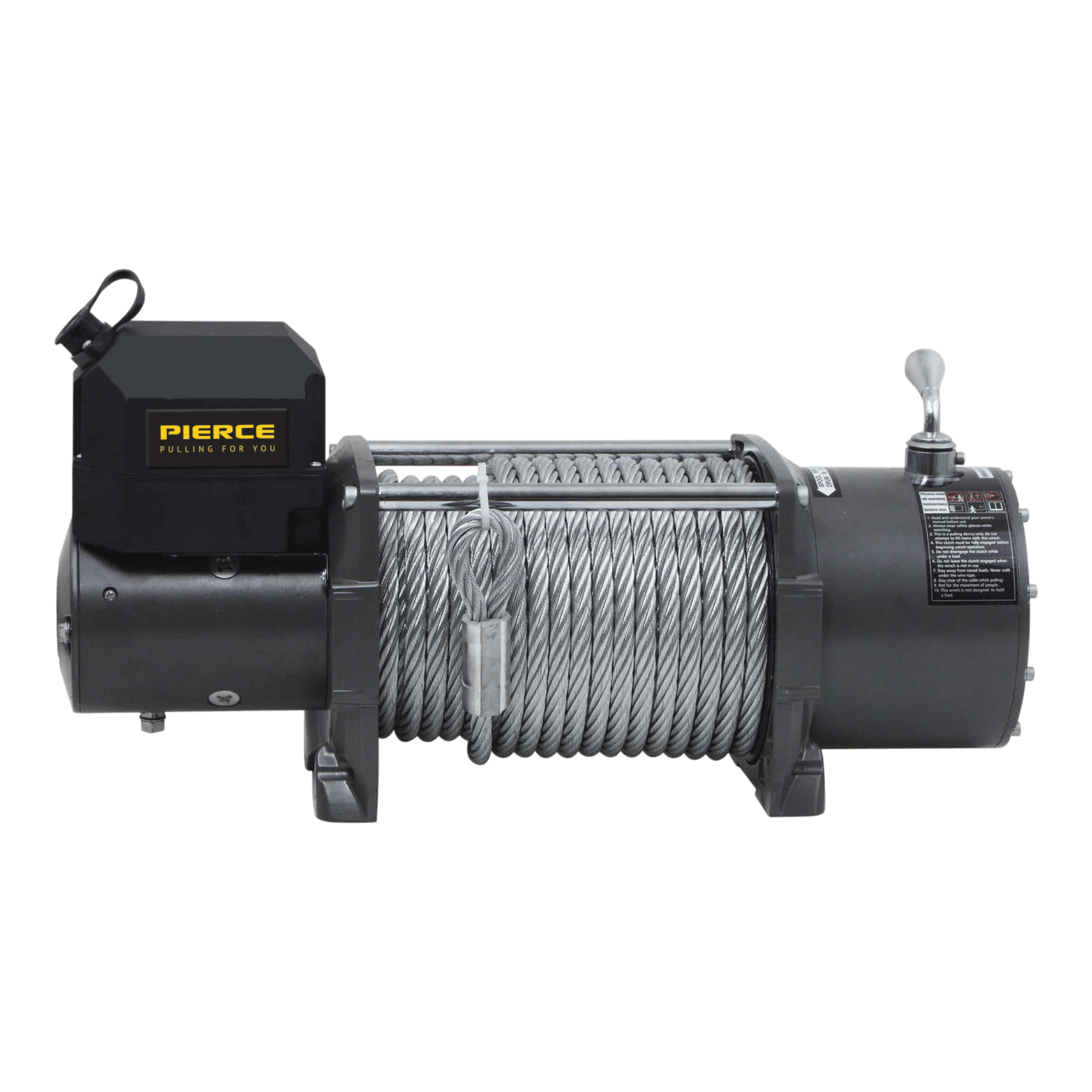 The PIERCE 20,000 lb Recovery Winch is a heavy-duty 12V winch featuring a coiled steel cable and lever, with the brand name displayed on the motor housing.