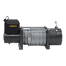 The PIERCE 20,000 lb Recovery Winch is a heavy-duty 12V winch featuring a coiled steel cable and lever, with the brand name displayed on the motor housing.