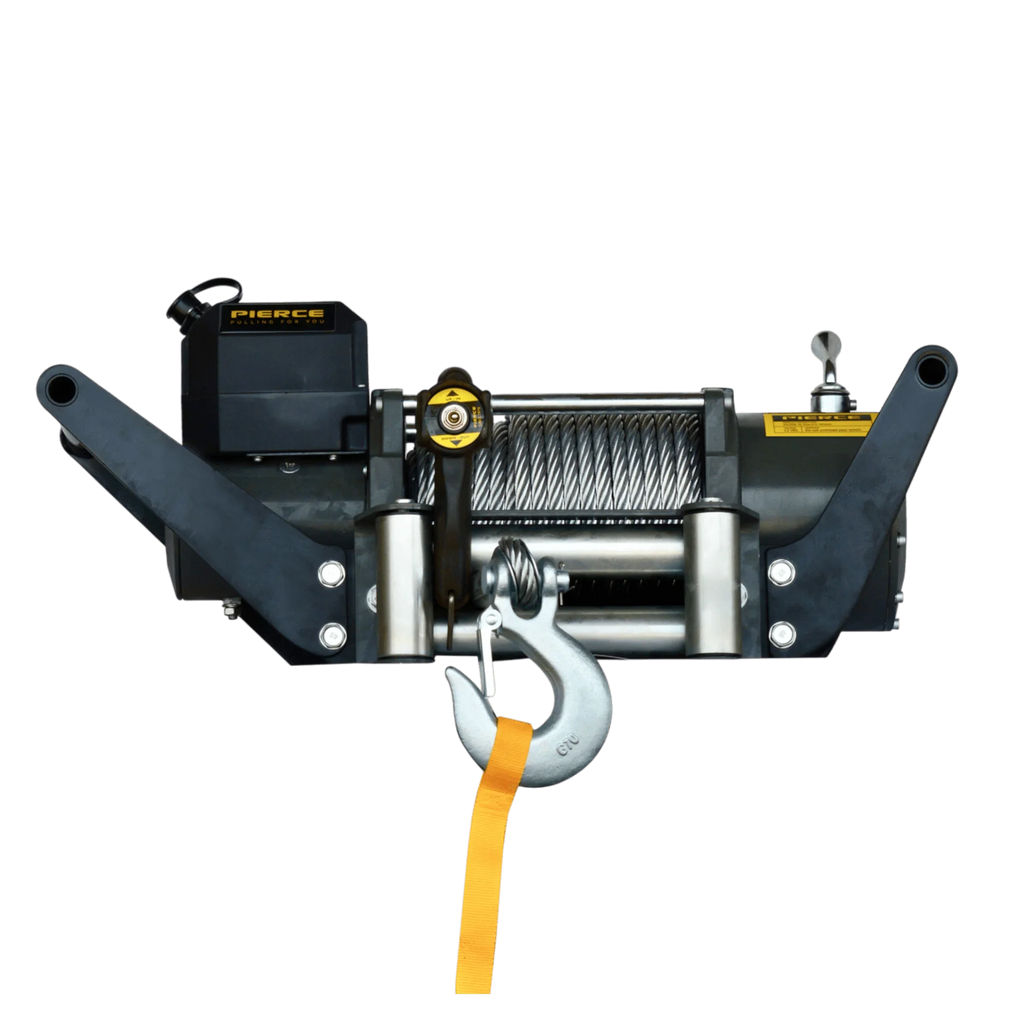 The PIERCE 20,000 lb Recovery Winch features a steel cable, large hook, and two mounting arms—perfect for vehicle recovery jobs. Shown here against a white background.