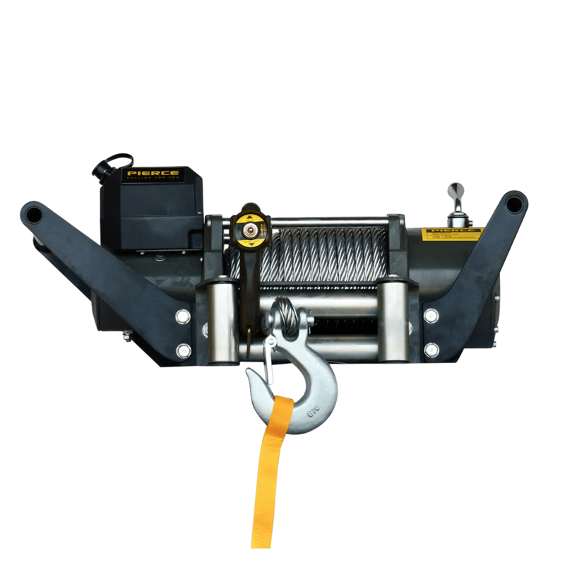 The PIERCE 20,000 lb Recovery Winch features a steel cable, large hook, and two mounting arms—perfect for vehicle recovery jobs. Shown here against a white background.