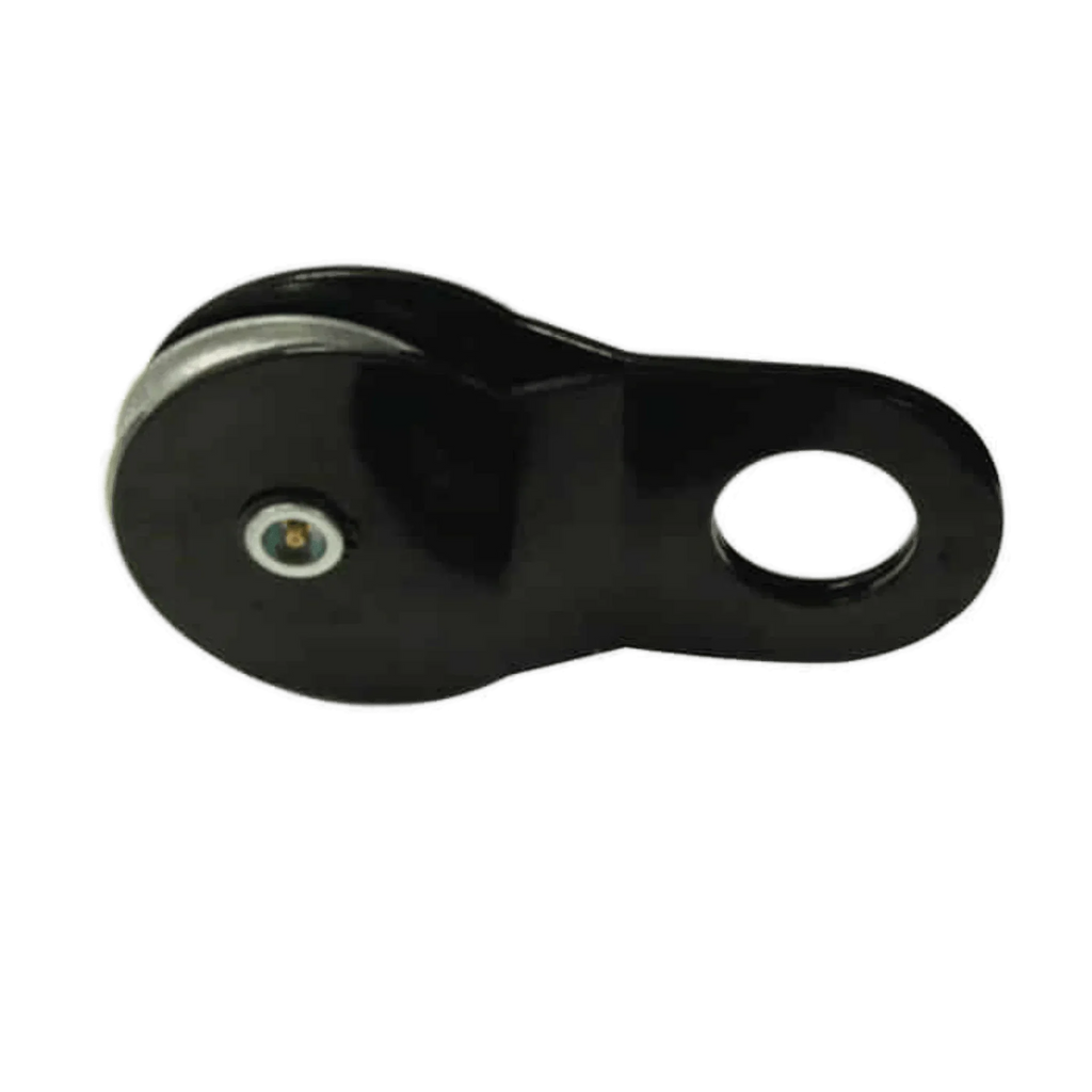 The PIERCE 20,000 lb Recovery Winch black metal snatch block features a circular handle hole, perfect for vehicle recovery tasks; shown isolated on a white background.