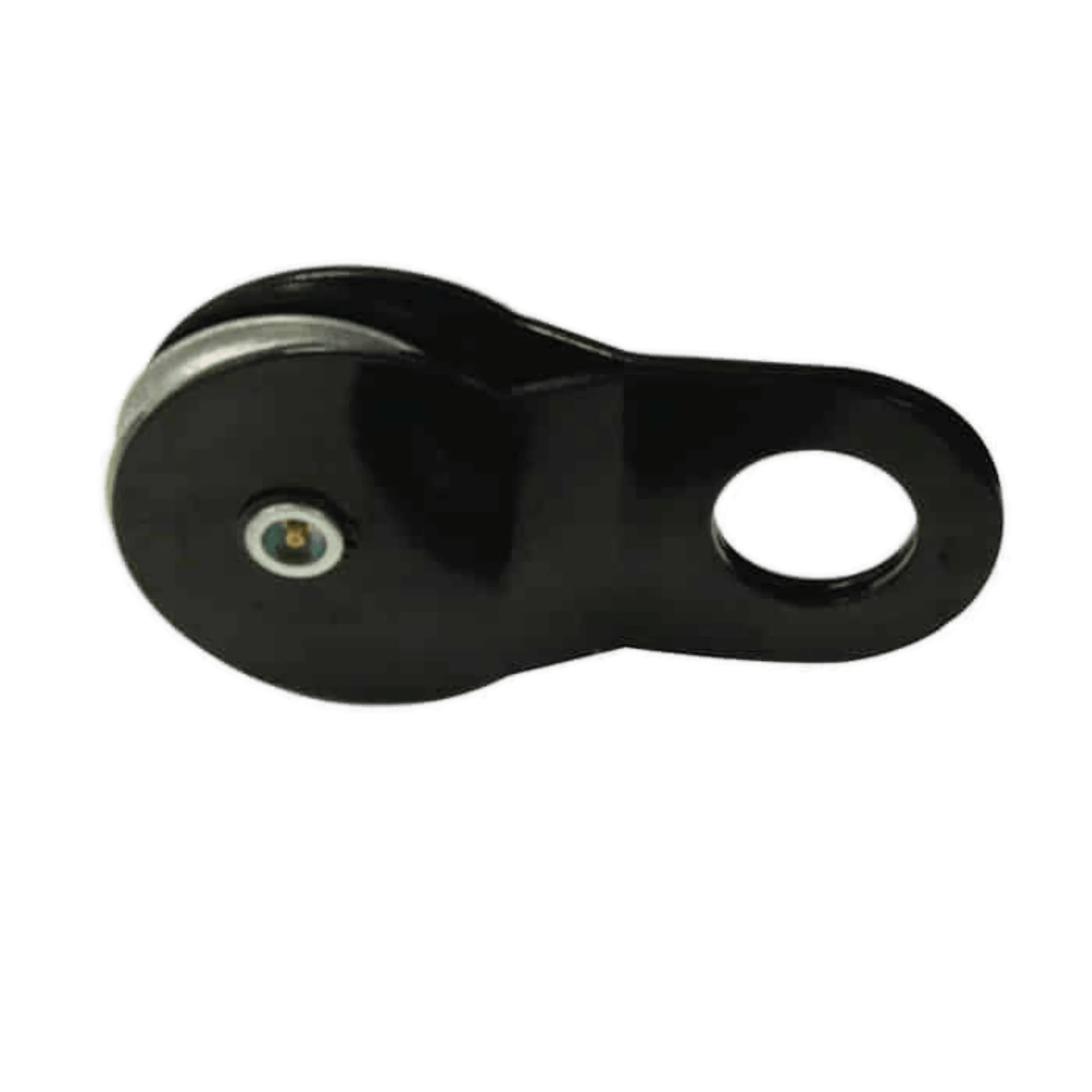 The PIERCE 20,000 lb Recovery Winch black metal snatch block features a circular handle hole, perfect for vehicle recovery tasks; shown isolated on a white background.