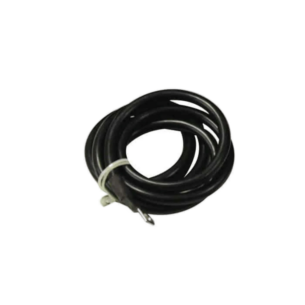 A coiled black cable with a metal connector, secured by a white twist tie, is perfect for use with the PIERCE 20,000 lb Recovery Winch.