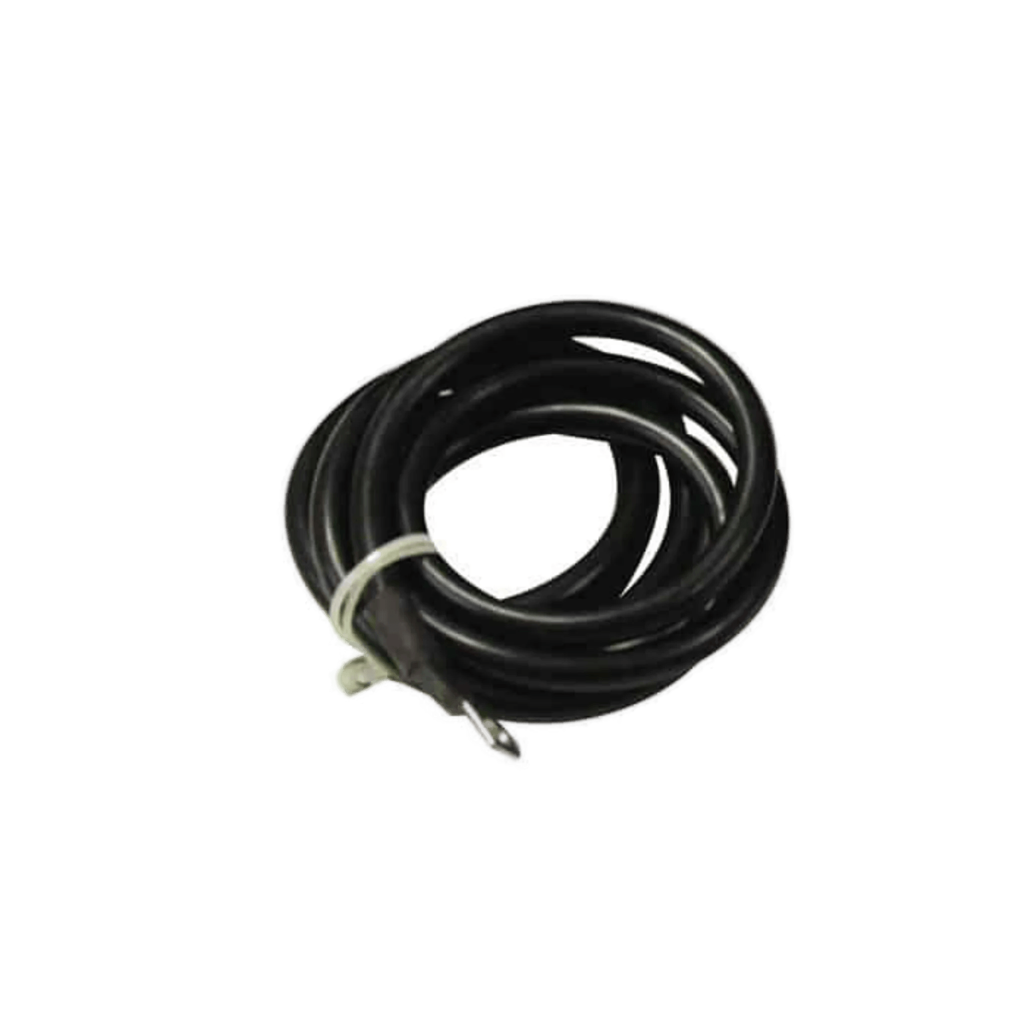A coiled black cable with a metal connector, secured by a white twist tie, is perfect for use with the PIERCE 20,000 lb Recovery Winch.