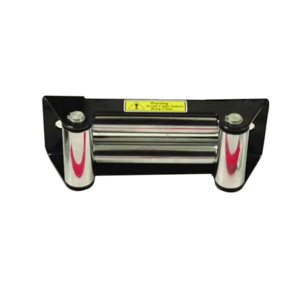 The PIERCE 20,000 lb Recovery Winch roller fairlead, in black and silver with a yellow warning label, is shown isolated on a white background.