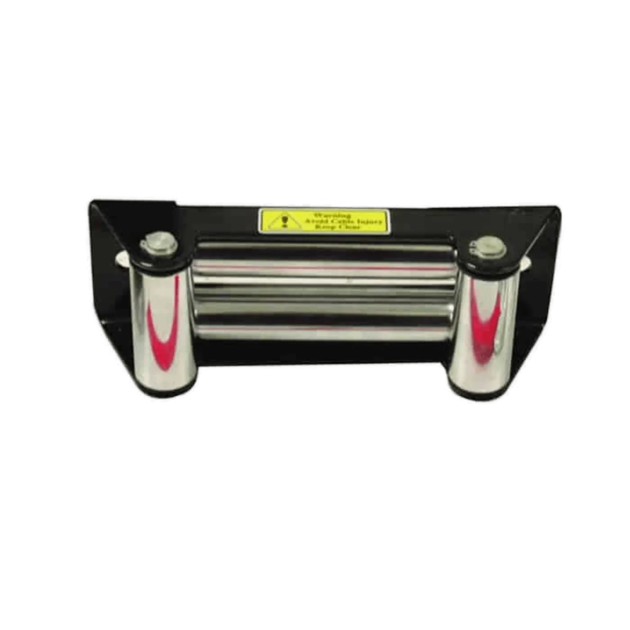 The PIERCE 20,000 lb Recovery Winch roller fairlead, in black and silver with a yellow warning label, is shown isolated on a white background.