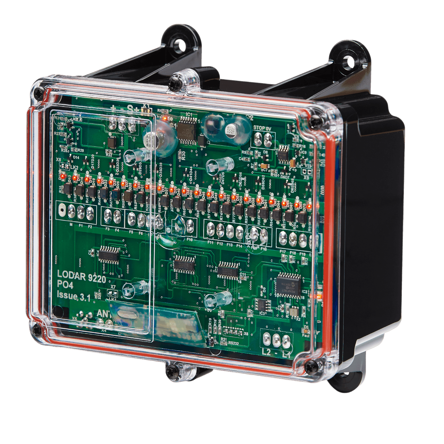 Close-up of the Lodar LTD 92 Series circuit board, specific to the 20 Function 12/24V Lodar Replacement FET Receiver, enclosed within a clear plastic case, set against a black backdrop to highlight its detailed design.