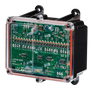 Close-up of the Lodar LTD 92 Series circuit board, specific to the 20 Function 12/24V Lodar Replacement FET Receiver, enclosed within a clear plastic case, set against a black backdrop to highlight its detailed design.