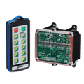 The 20 Function IP SHIFT Wireless Control System by Lodar LTD, part of the 92 Series with a FET Receiver, boasts a transparent electronic circuit board and a 10-button controller against a sleek black background.