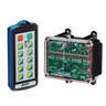 The 20 Function IP SHIFT Wireless Control System by Lodar LTD, part of the 92 Series with a FET Receiver, boasts a transparent electronic circuit board and a 10-button controller against a sleek black background.