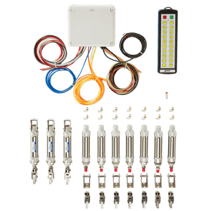 A 20 Function IP Wireless Actuator Control System by Lodar LTD, from the 92 Series with FET Air Receiver, featuring wiring, switches, and multiple components arranged neatly on a white background, highlighting its capabilities as part of an advanced remote control system.