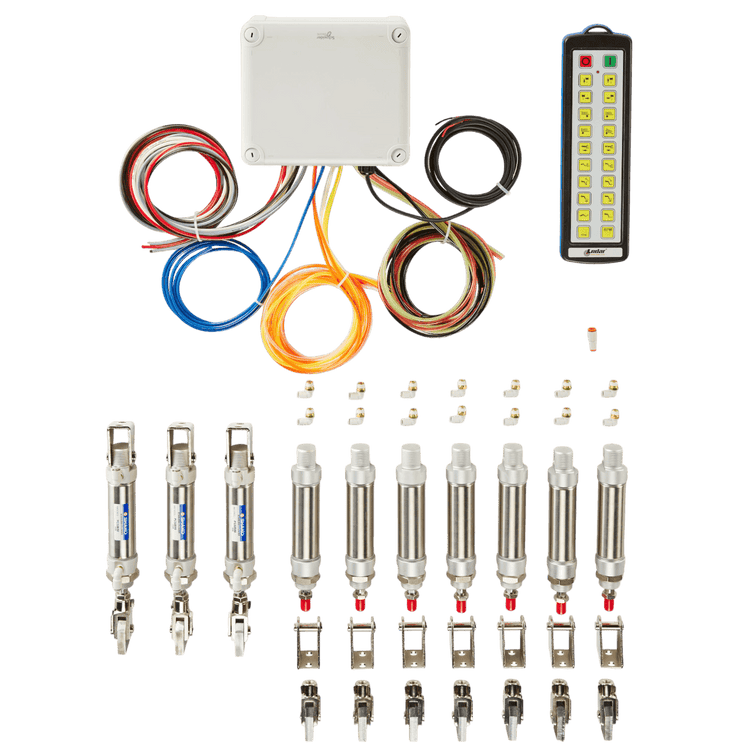 A 20 Function IP Wireless Actuator Control System by Lodar LTD, from the 92 Series with FET Air Receiver, featuring wiring, switches, and multiple components arranged neatly on a white background, highlighting its capabilities as part of an advanced remote control system.