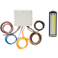 The Lodar Service 20 Function IP Wireless Actuator Control System (92 Series, FET Air Receiver, No Actuators) features a white control box with multi-colored wires and a black wireless remote with yellow buttons against a white background.