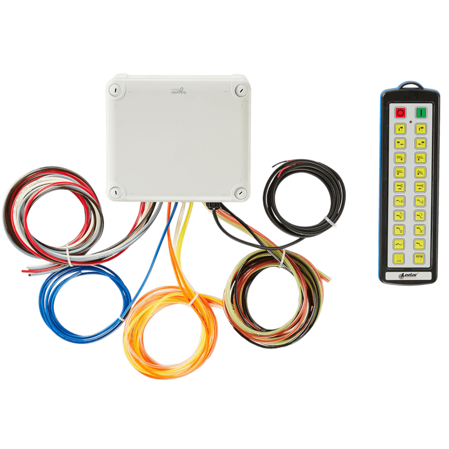 The Lodar Service 20 Function IP Wireless Actuator Control System (92 Series, FET Air Receiver, No Actuators) features a white control box with multi-colored wires and a black wireless remote with yellow buttons against a white background.