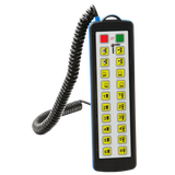 The Lodar LTD 20 Function Hard-Wired Remote from the 9000 Series features a coiled cable, green and red buttons, numeric and function keys. It comes with a waterproof Bulgin connector for added reliability and includes a 20-function backup capability.