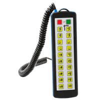 The Lodar LTD 20 Function Hard-Wired Remote from the 9000 Series features a coiled cable, green and red buttons, numeric and function keys. It comes with a waterproof Bulgin connector for added reliability and includes a 20-function backup capability.
