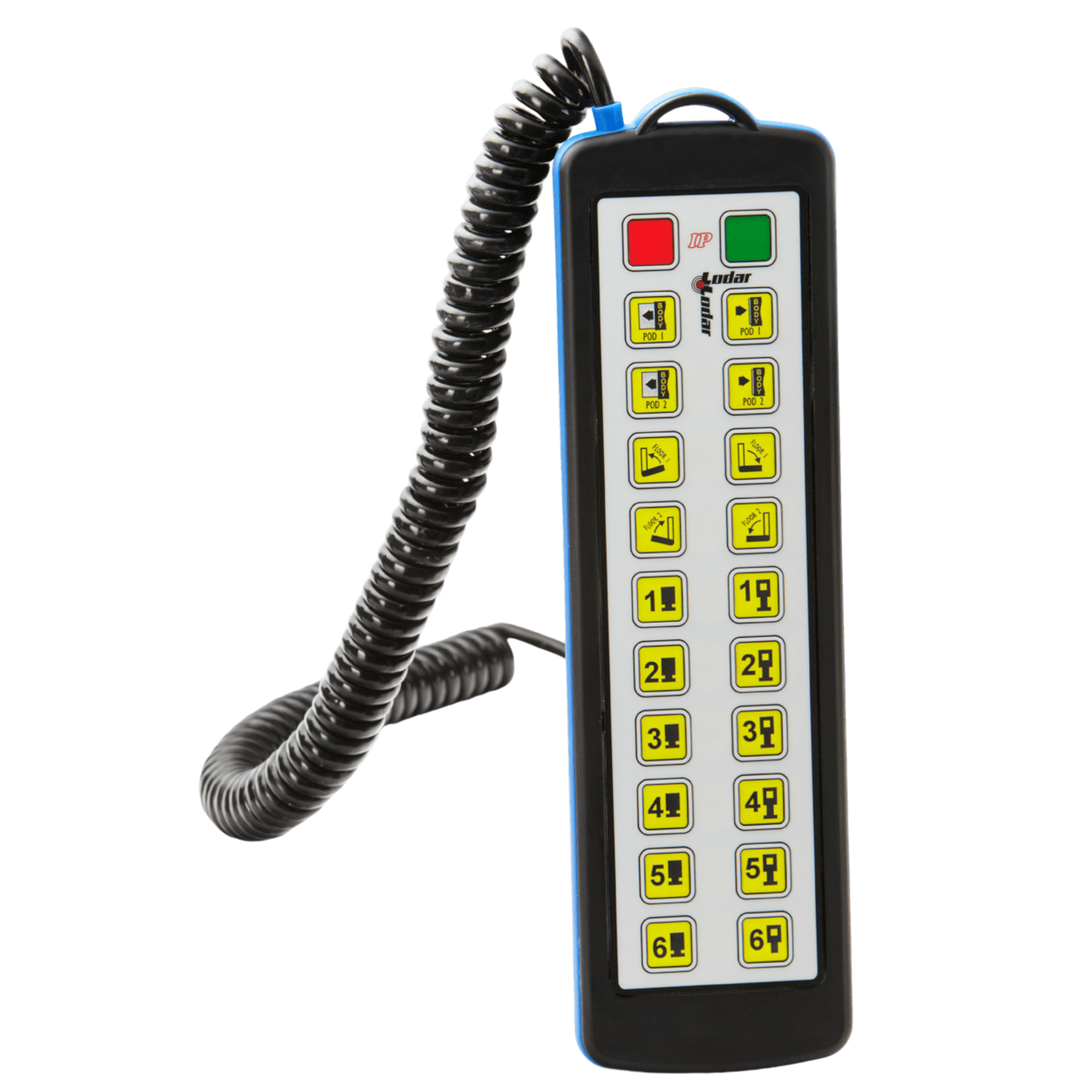 The Lodar LTD 20 Function Hard-Wired Remote from the 9000 Series features a coiled cable, green and red buttons, numeric and function keys. It comes with a waterproof Bulgin connector for added reliability and includes a 20-function backup capability.