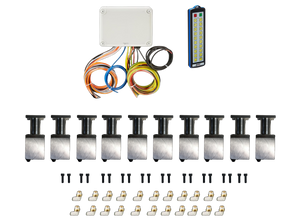 The PIERCE 20 Function Wireless Air System with Bolt on Actuator by Husco, perfect for wrecker operations, includes a remote control, control box, wiring components, sensors, and connectors all elegantly displayed on a sleek black background.