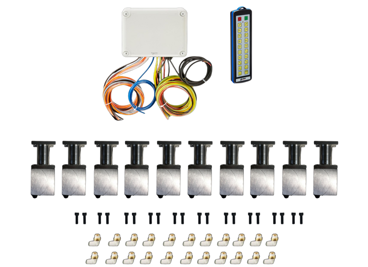 The PIERCE 20 Function Wireless Air System with Bolt on Actuator by Husco, perfect for wrecker operations, includes a remote control, control box, wiring components, sensors, and connectors all elegantly displayed on a sleek black background.