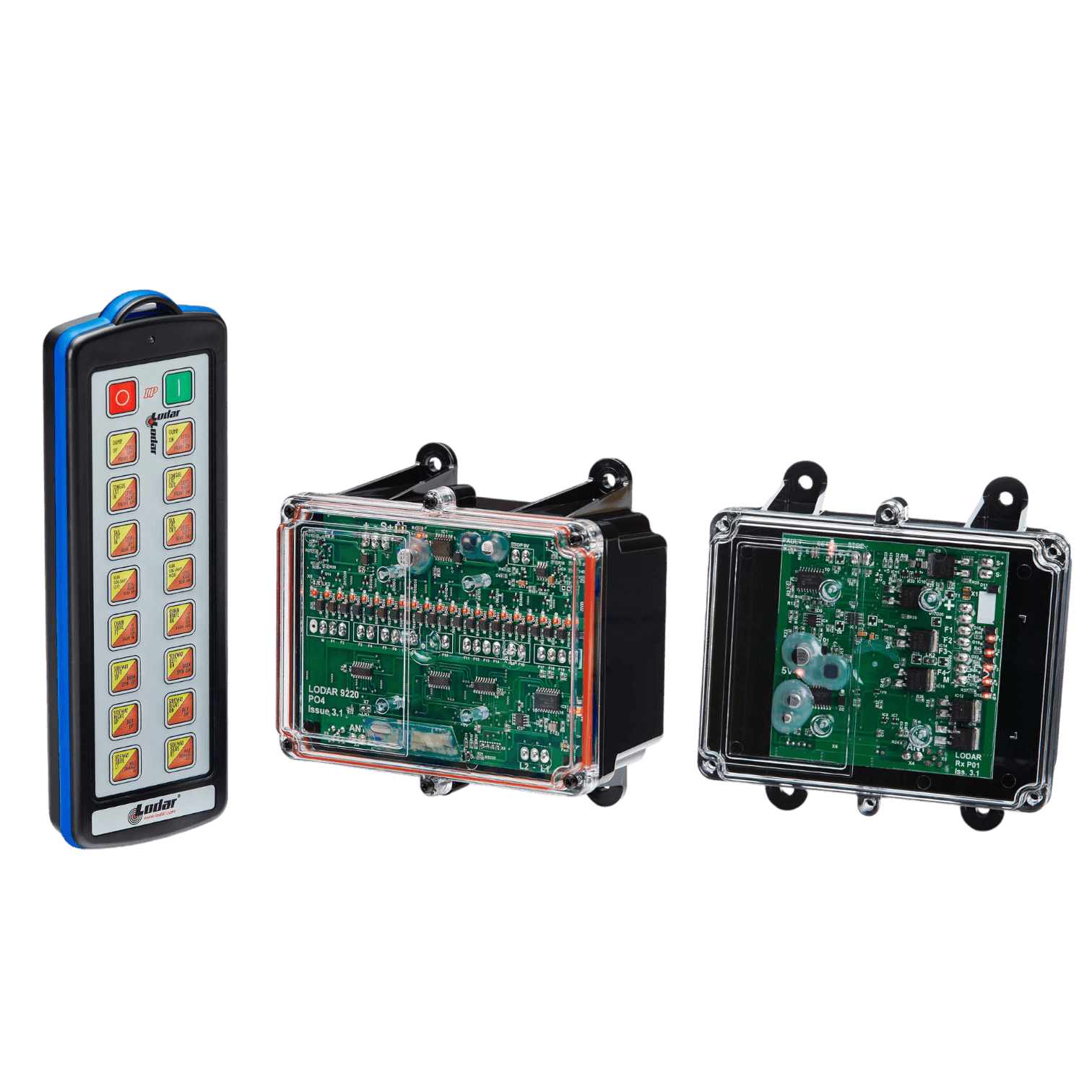 Against a sleek black backdrop rests a sophisticated 24 Function controller, accompanied by its remote control and two electronic circuit boards encased in transparent covers. This arrangement showcases the advanced capabilities of Lodar LTD's 92 Series IP SHIFT Wireless Control System, expertly incorporating cutting-edge firmware technology for precise operation.